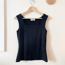 black square neck top hanging on hanger