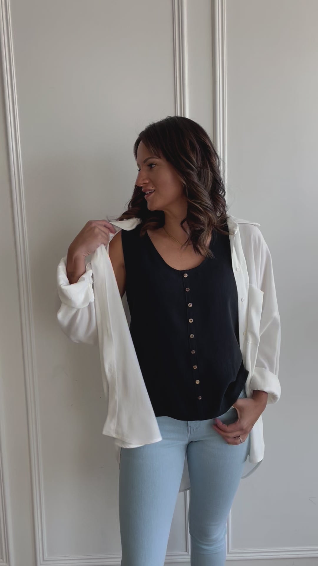 white oversized button-up shirt with sherah button up tank