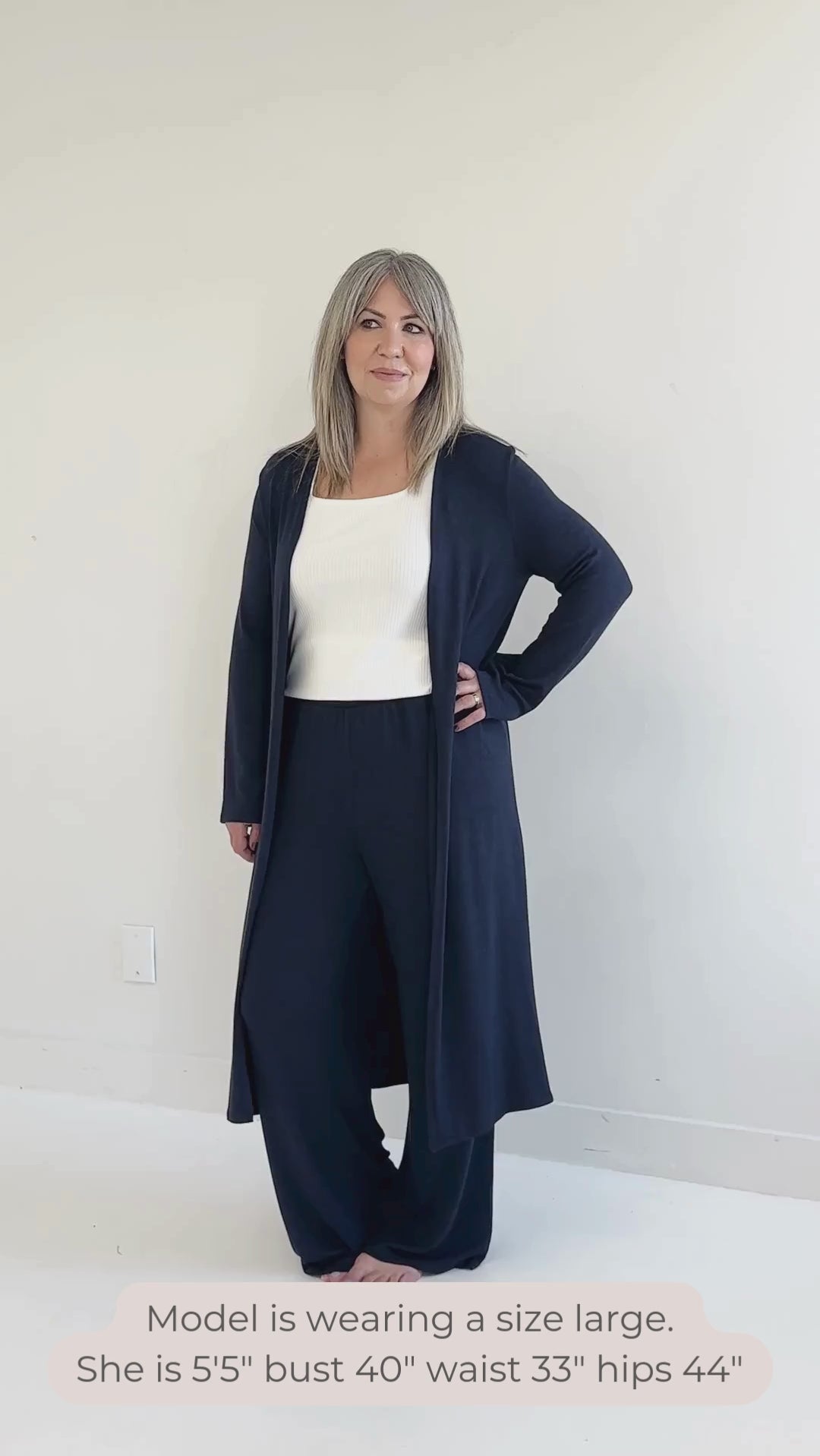 Carolina long duster cardigan in navy video made in canada