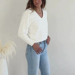 Ang Hill cream v-neck sweater in bamboo terry video made in canada clothing.