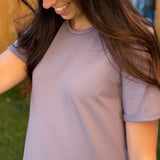 close up purple t-shirt dress