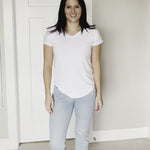 woman wearing white bamboo v-neck tshirt showing all sides
