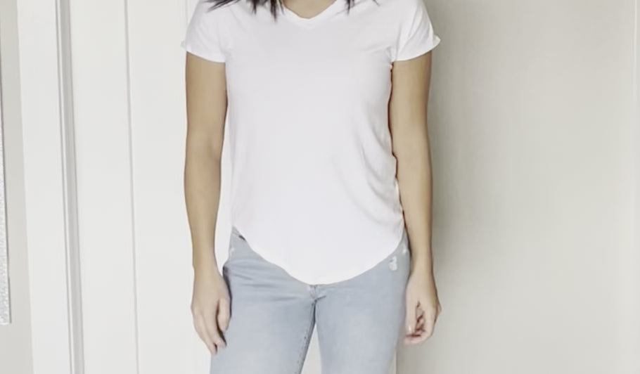 woman wearing white bamboo v-neck tshirt showing all sides